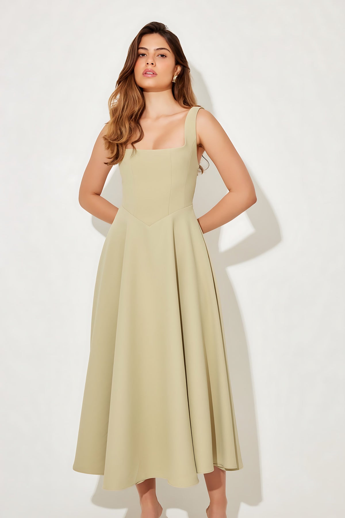 Square neck A-line cocktail dress with seamed bodice and full midi skirt - view 25