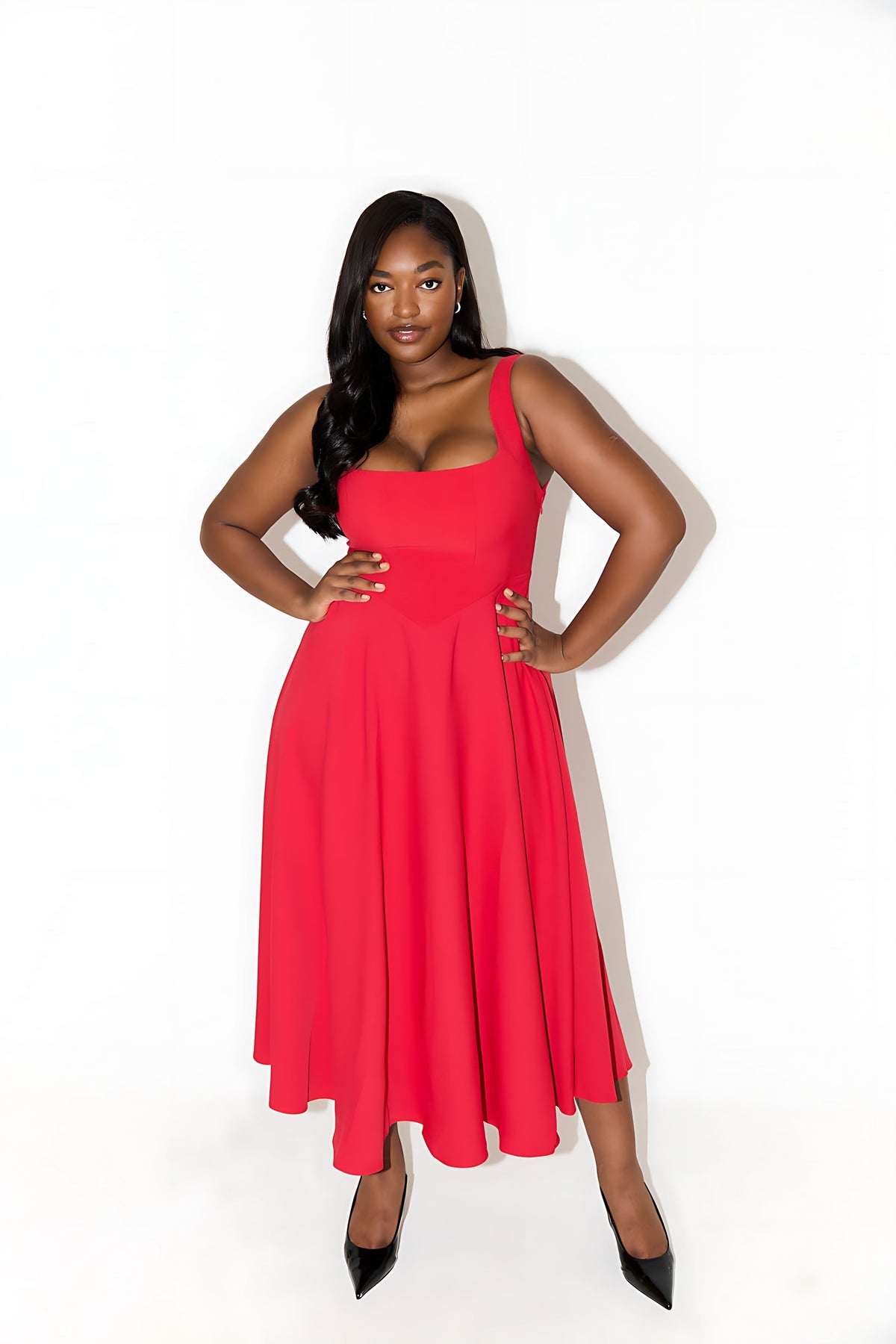 Square neck A-line cocktail dress with seamed bodice and full midi skirt - view 3