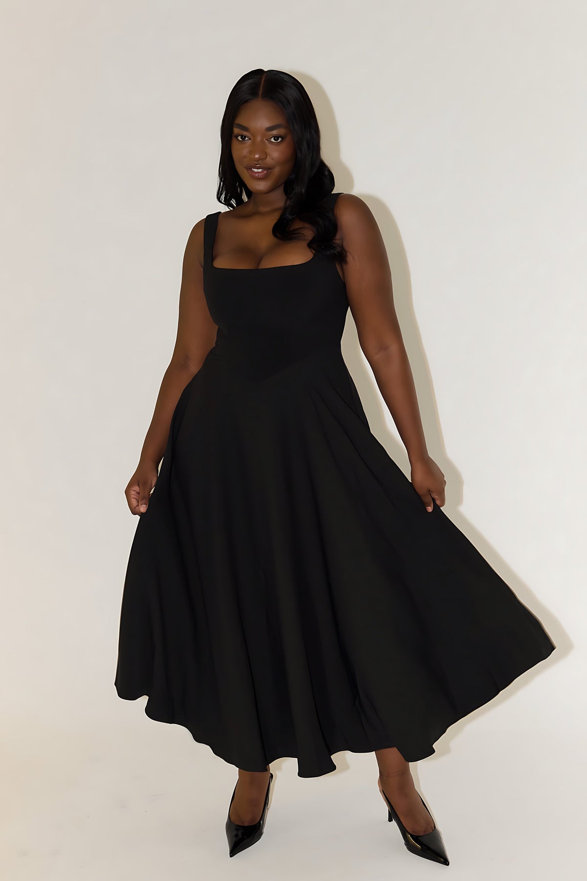 Square neck A-line cocktail dress with seamed bodice and full midi skirt - view 5