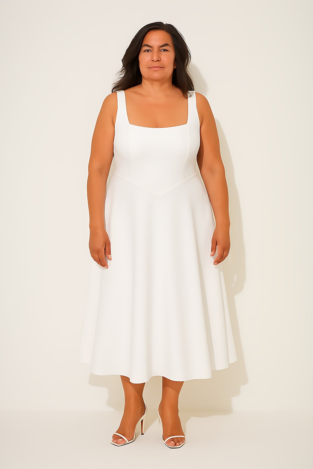 Square neck A-line cocktail dress with seamed bodice and full midi skirt - view 6