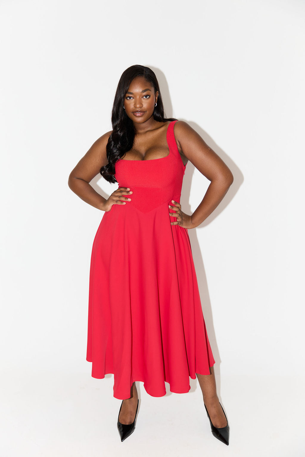 Square neck A-line cocktail dress with seamed bodice and full midi skirt - view 7