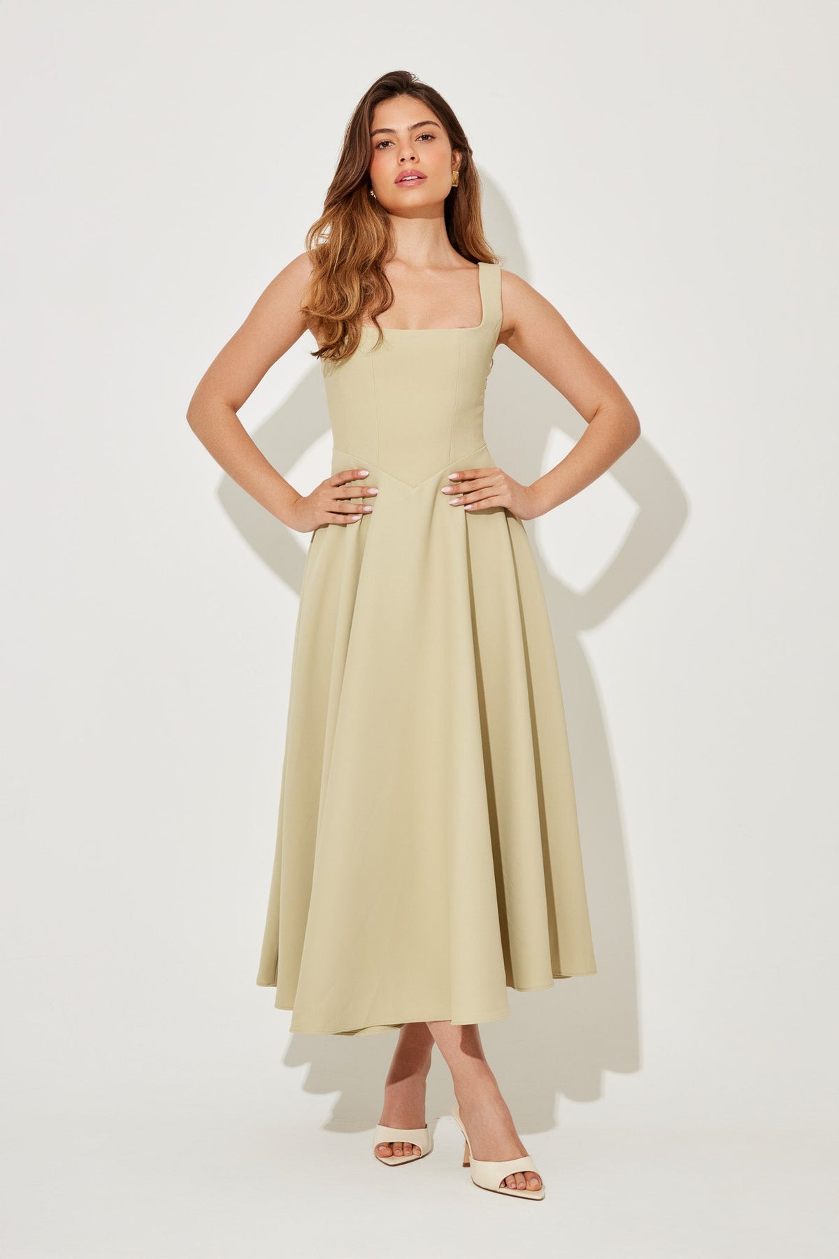 Square neck A-line cocktail dress with seamed bodice and full midi skirt - view 8