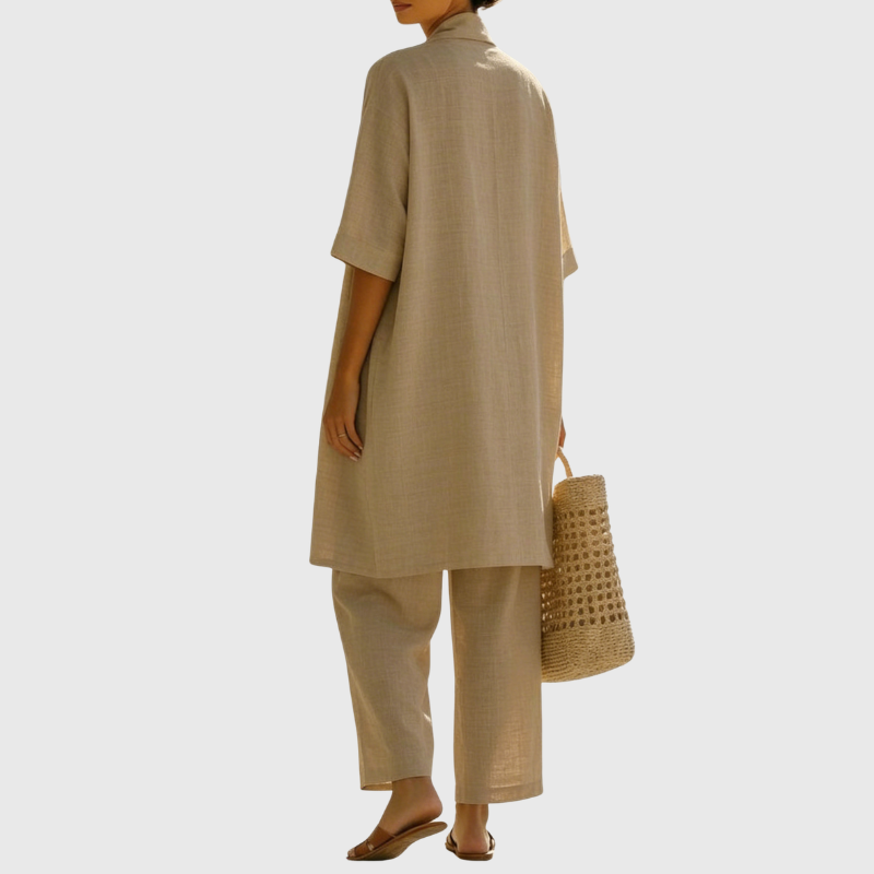 Woman wearing a three piece linen set with open duster, singlet and straight-leg pants - view 2