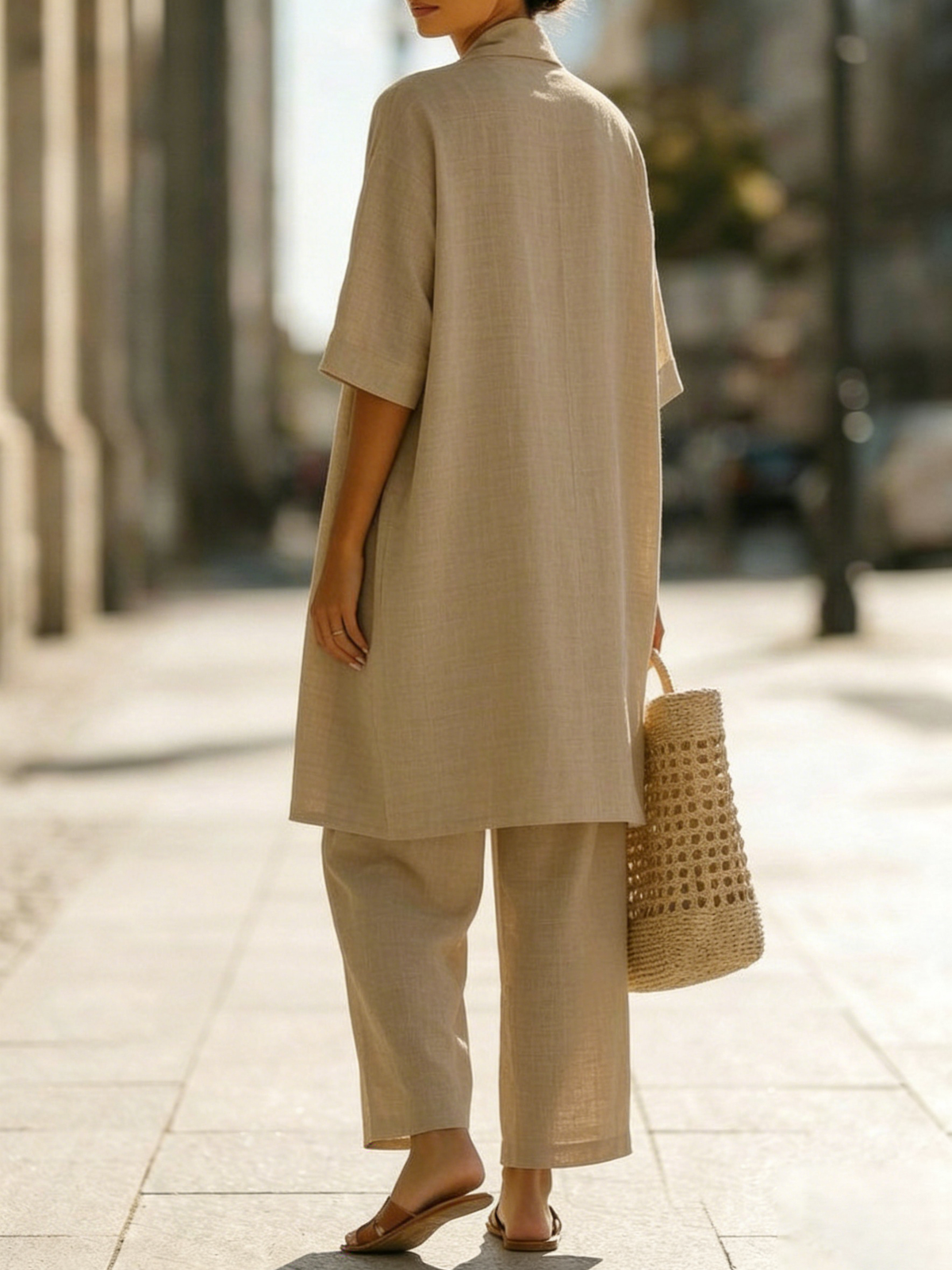 Woman wearing a three piece linen set with open duster, singlet and straight-leg pants - view 3