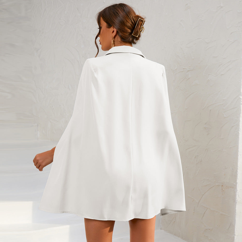 Woman wearing a belted cape blazer mini dress with gold-tone double-breasted buttons - view 10