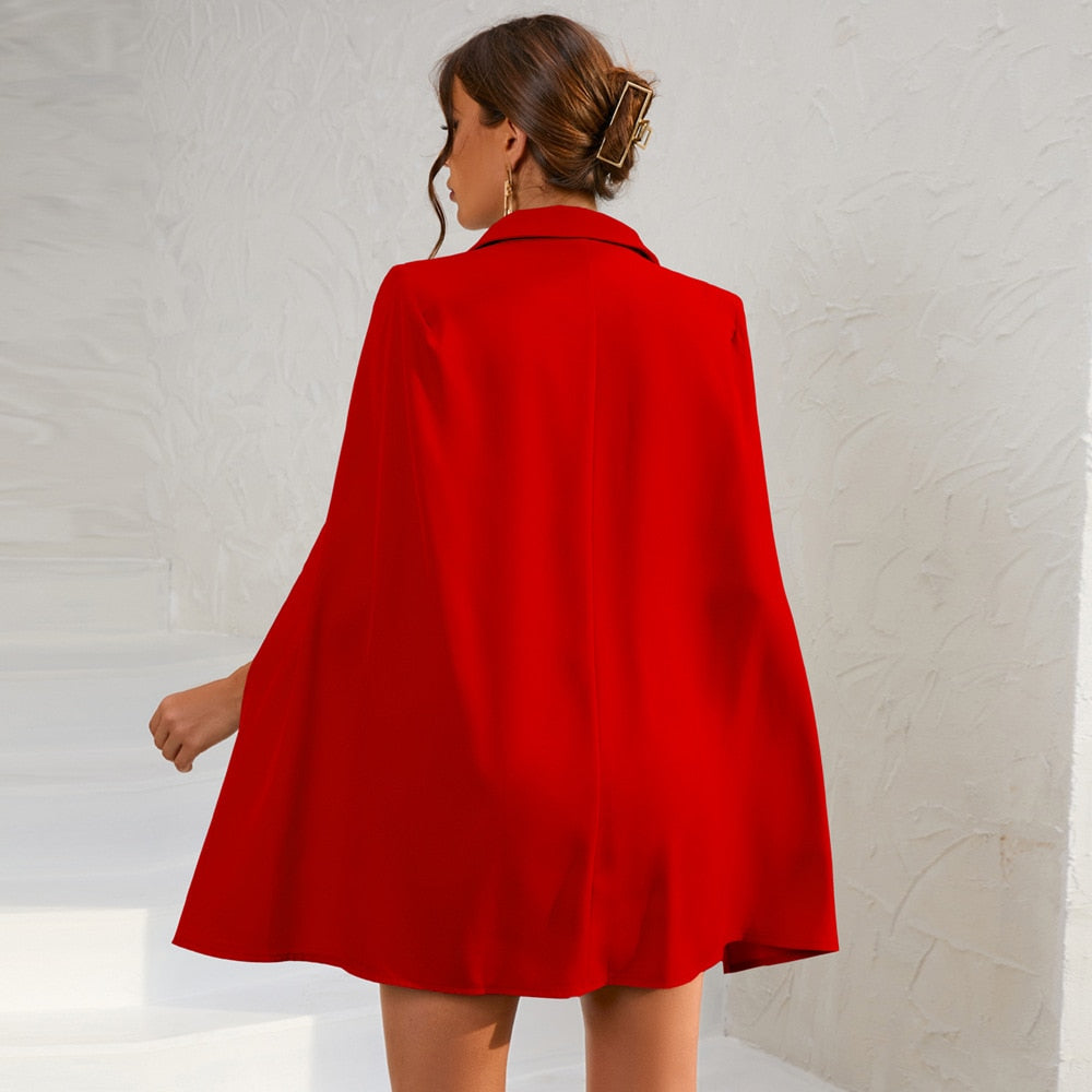 Woman wearing a belted cape blazer mini dress with gold-tone double-breasted buttons - view 15