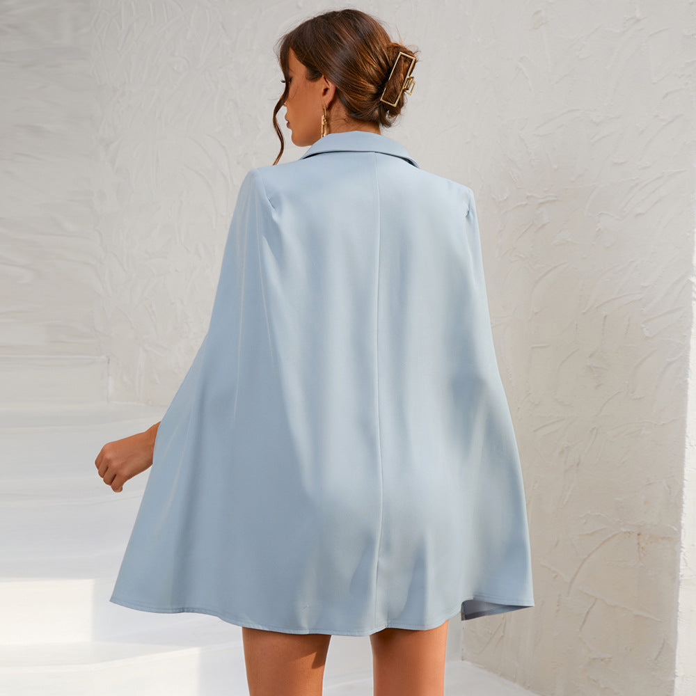 Woman wearing a belted cape blazer mini dress with gold-tone double-breasted buttons - view 20