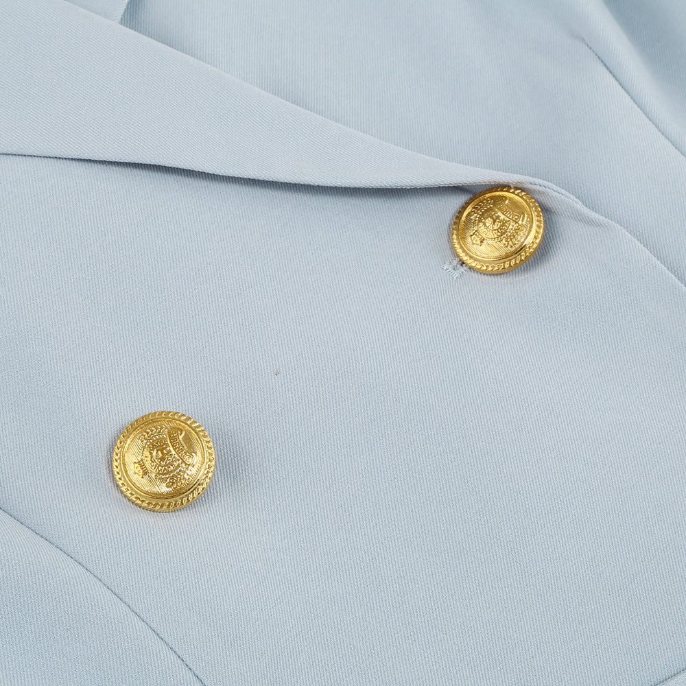 Woman wearing a belted cape blazer mini dress with gold-tone double-breasted buttons - view 22