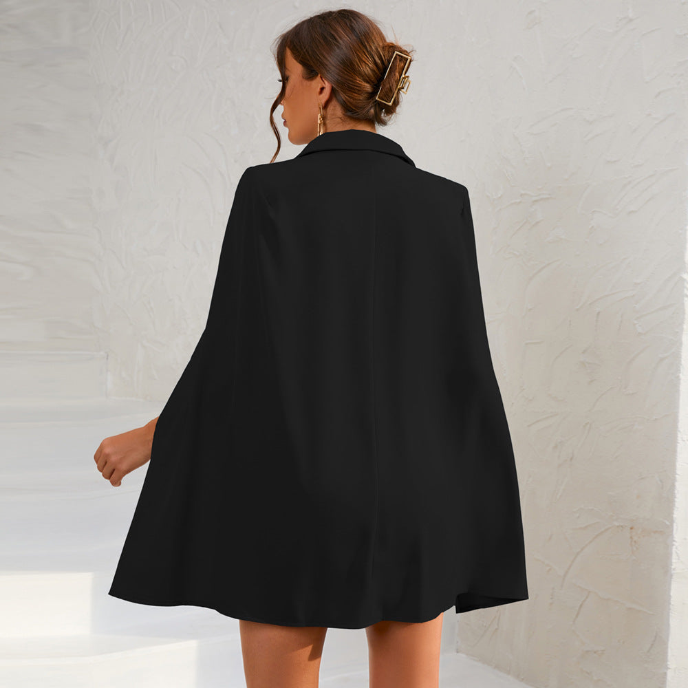 Woman wearing a belted cape blazer mini dress with gold-tone double-breasted buttons - view 5