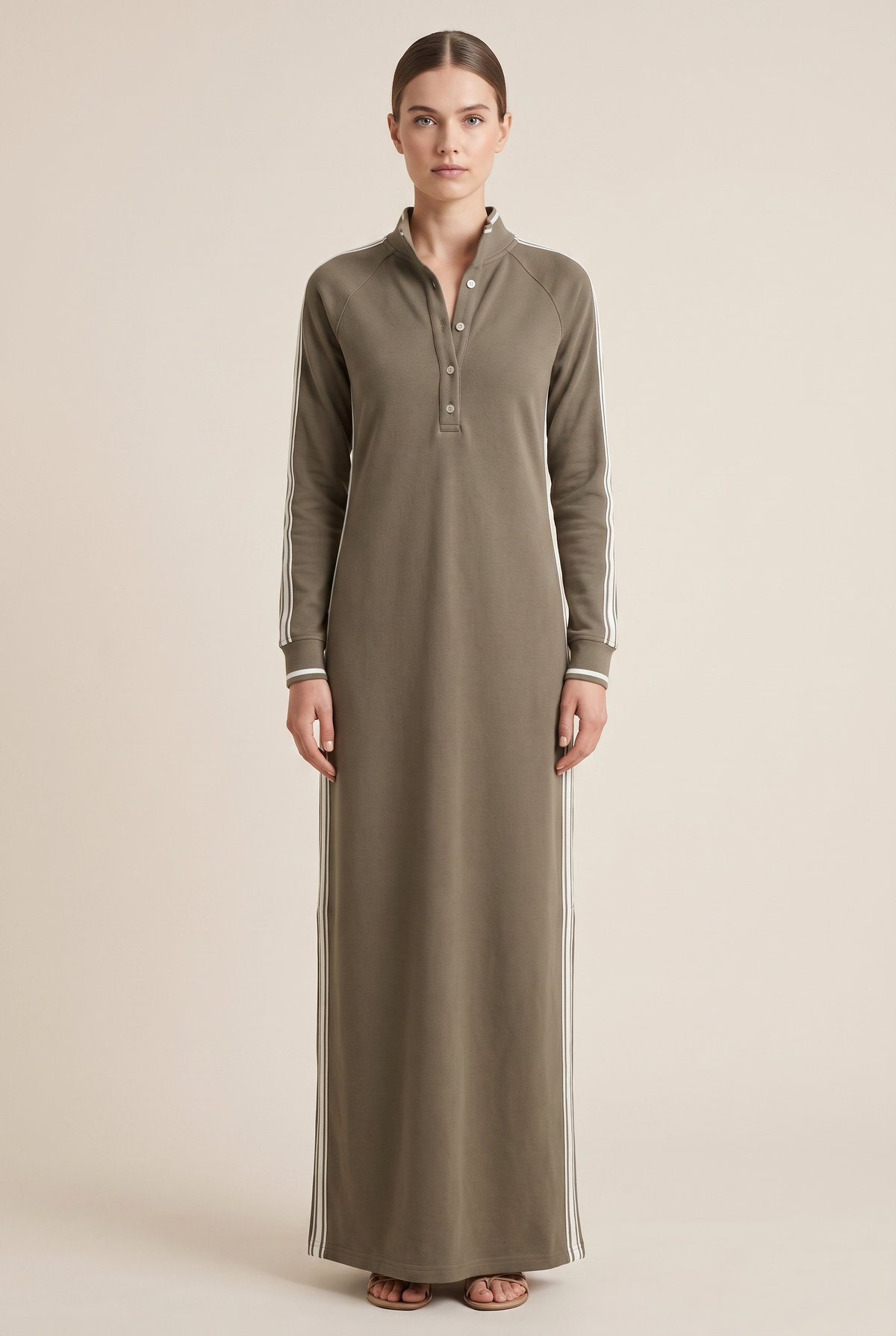 Sloane contrast-trim polo collar column maxi dress — styled view