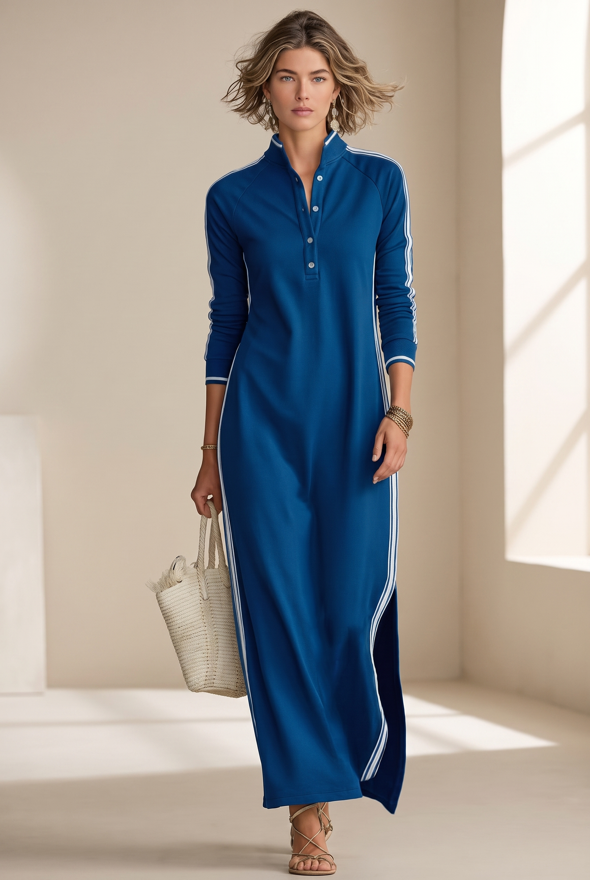 Sloane contrast-trim polo collar column maxi dress — front view
