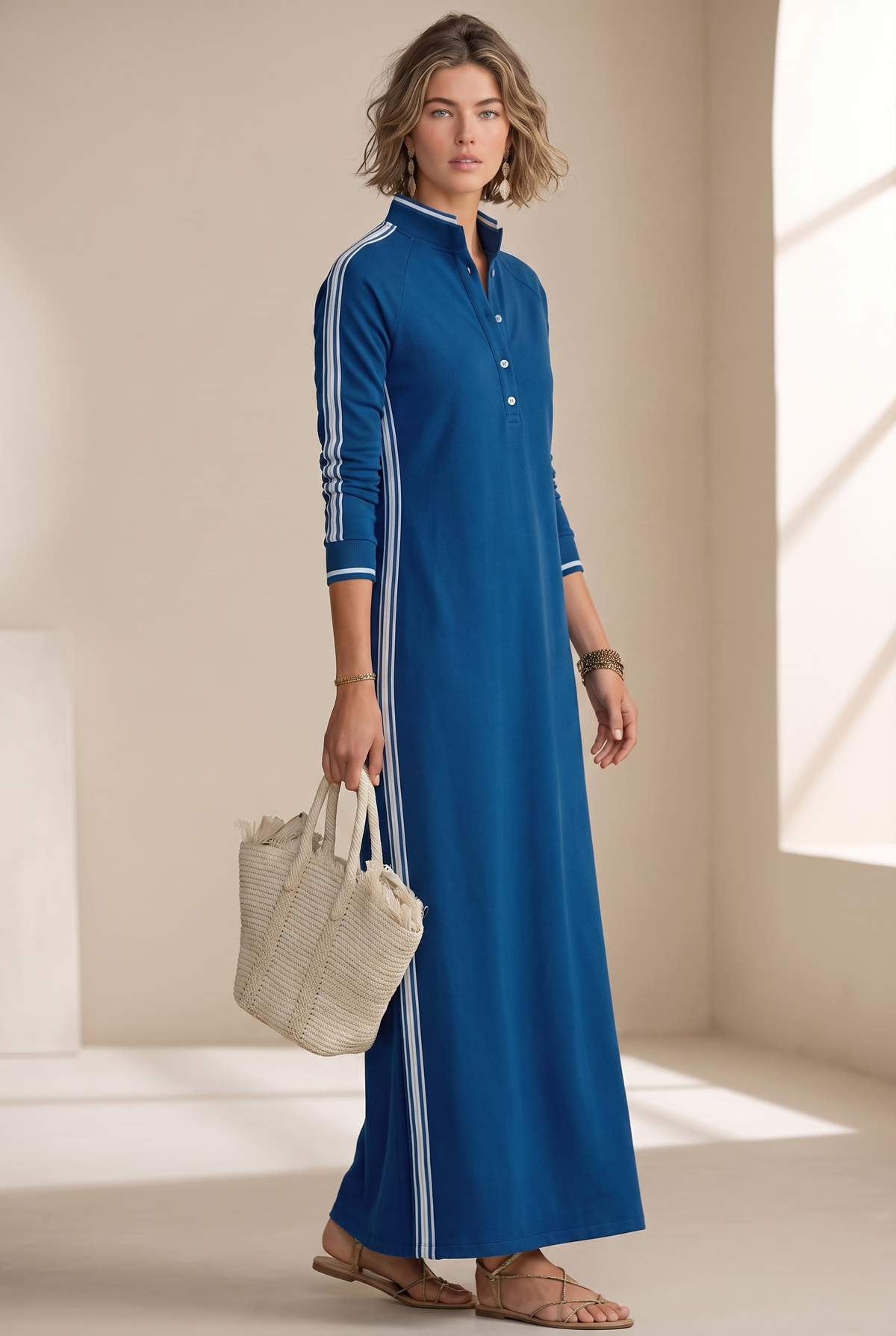 Sloane contrast-trim polo collar column maxi dress — back view