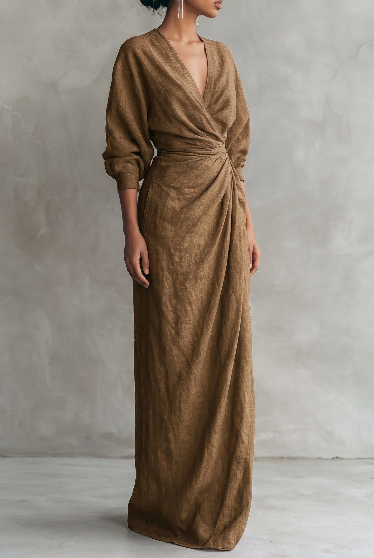 Amara v-neck wrap maxi dress with blouson sleeves — detail view