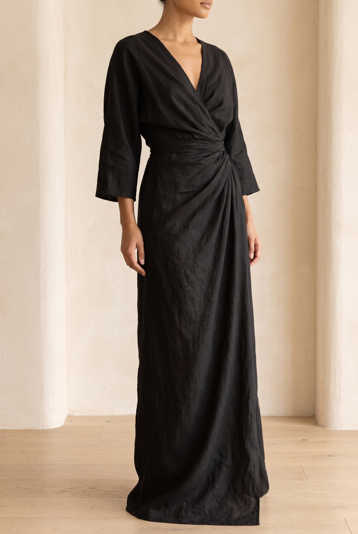 Amara v-neck wrap maxi dress with blouson sleeves — back view