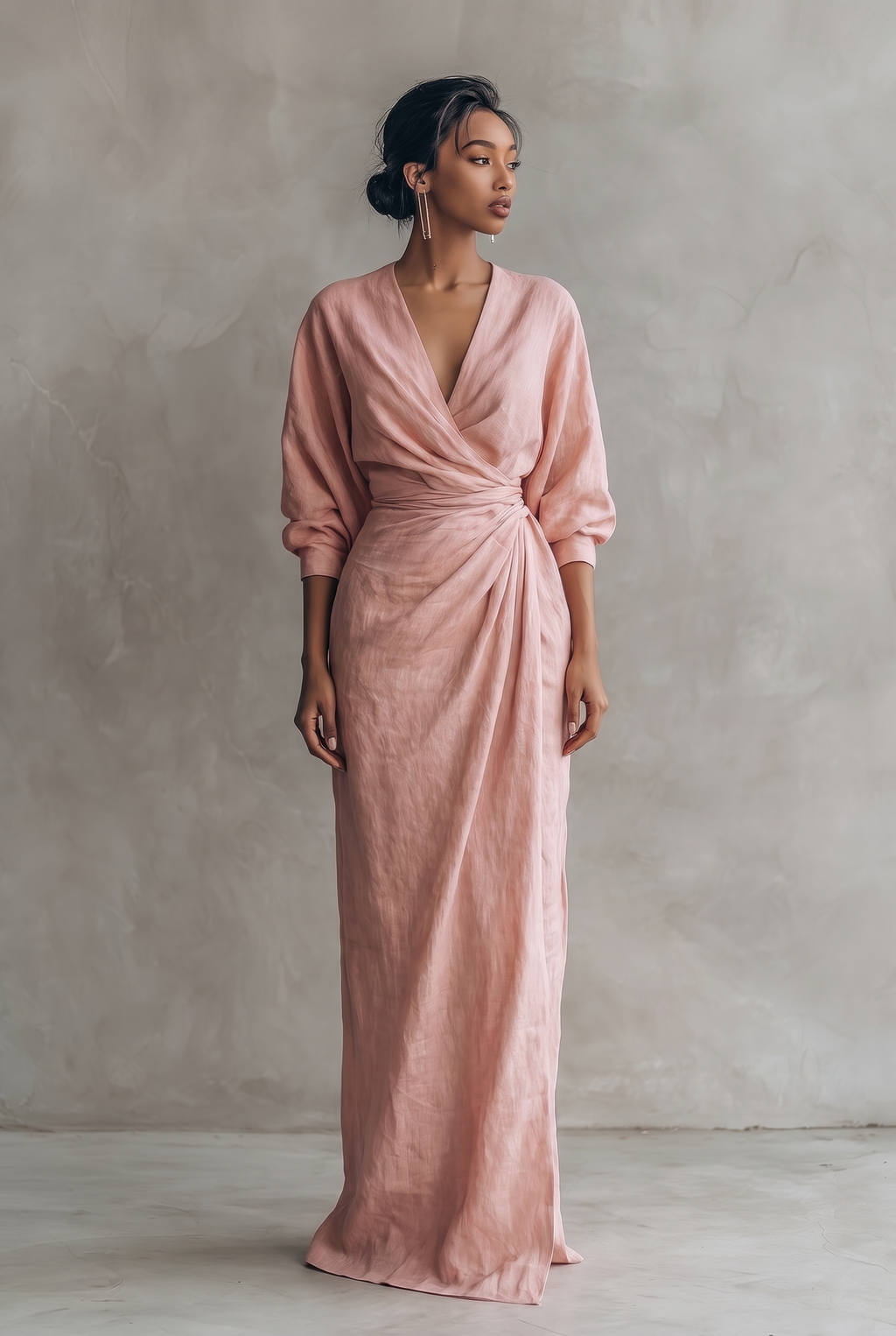 Amara v-neck wrap maxi dress with blouson sleeves — front view