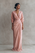 Amara v-neck wrap maxi dress with blouson sleeves — front view