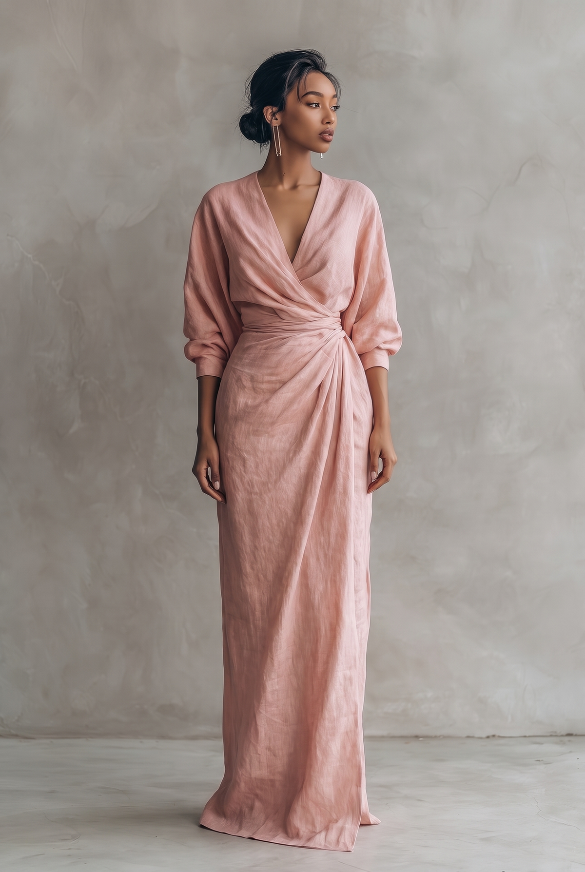 Amara v-neck wrap maxi dress with blouson sleeves — front view