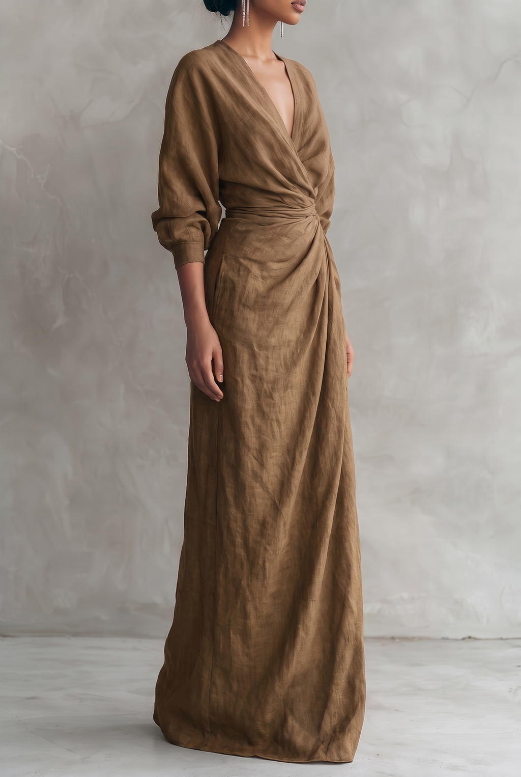 Amara v-neck wrap maxi dress with blouson sleeves — styled view