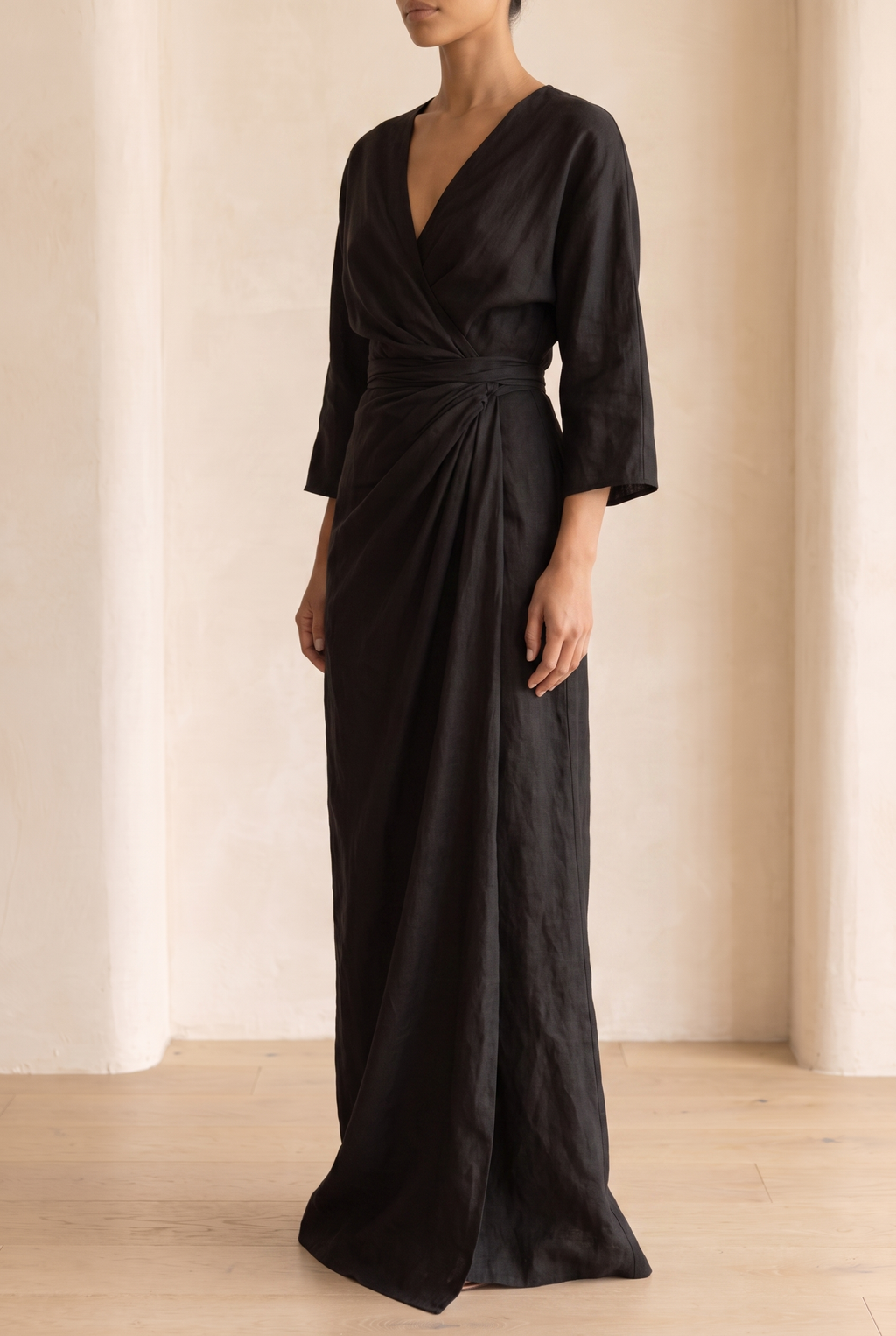 Amara v-neck wrap maxi dress with blouson sleeves — side view