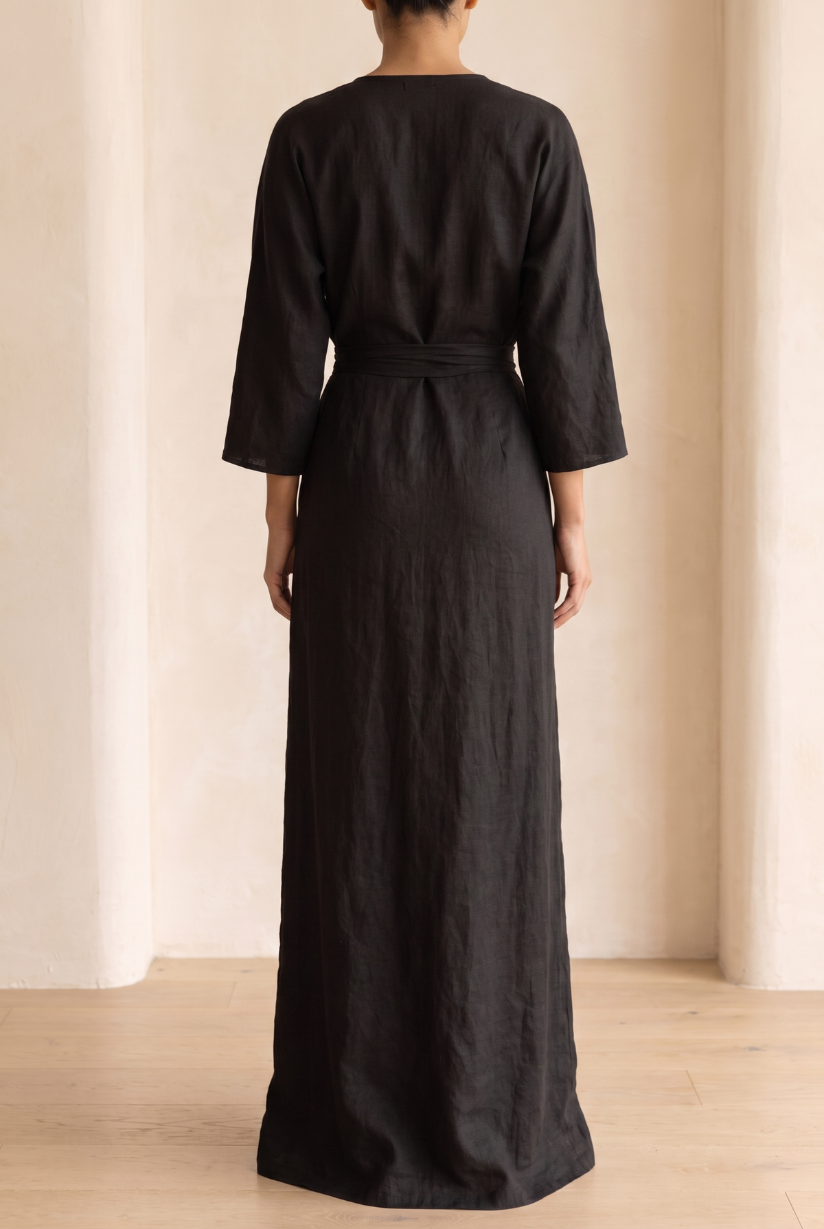 Amara v-neck wrap maxi dress with blouson sleeves — detail view