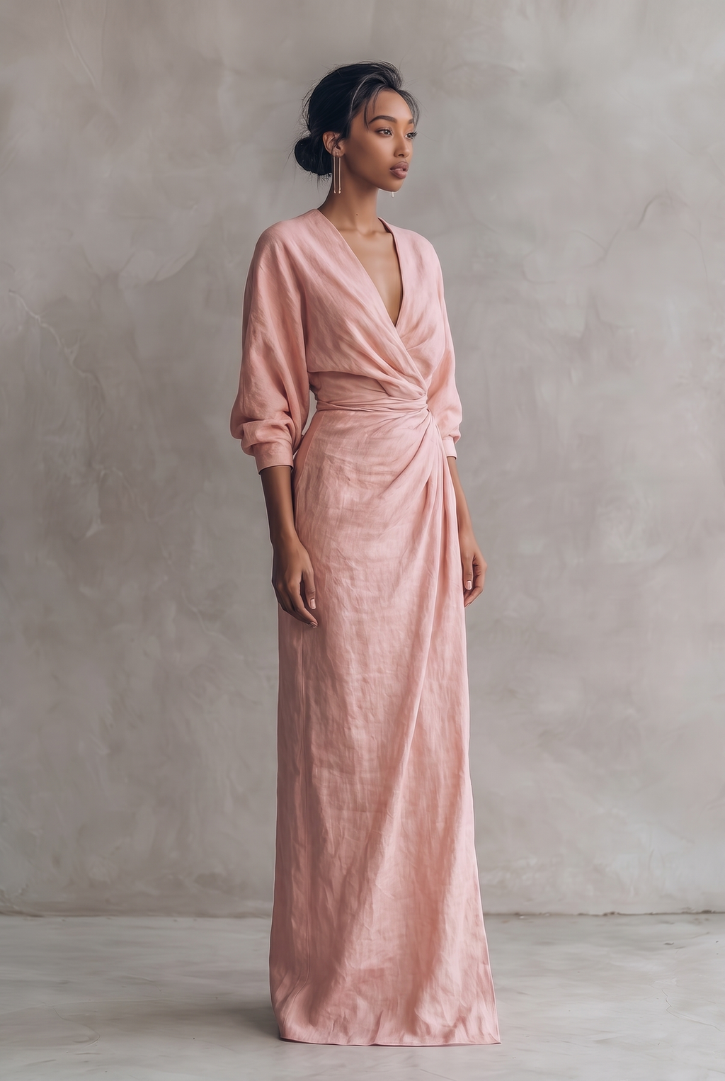 Amara v-neck wrap maxi dress with blouson sleeves — back view