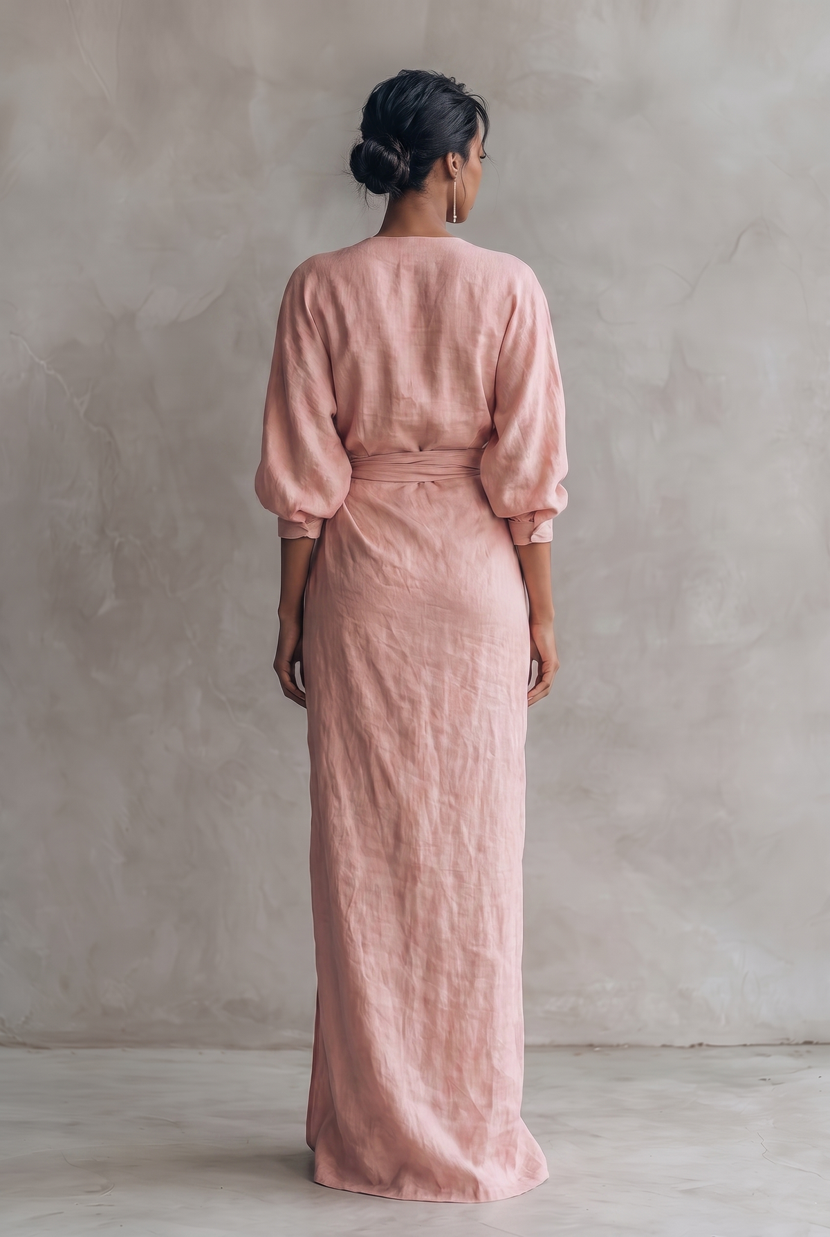 Amara v-neck wrap maxi dress with blouson sleeves — side view