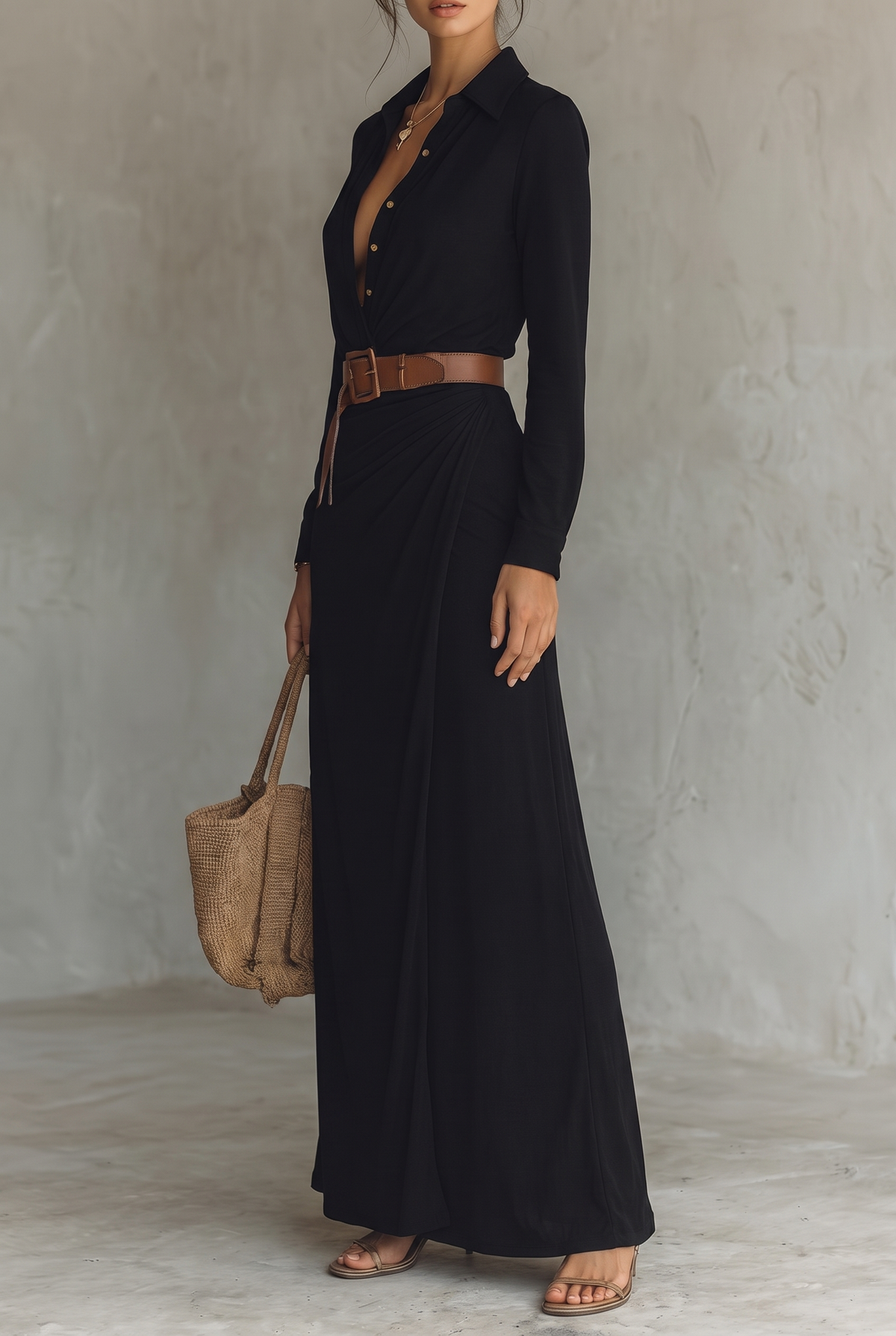 Georgie collared belted maxi shirt dress with draped skirt — front view
