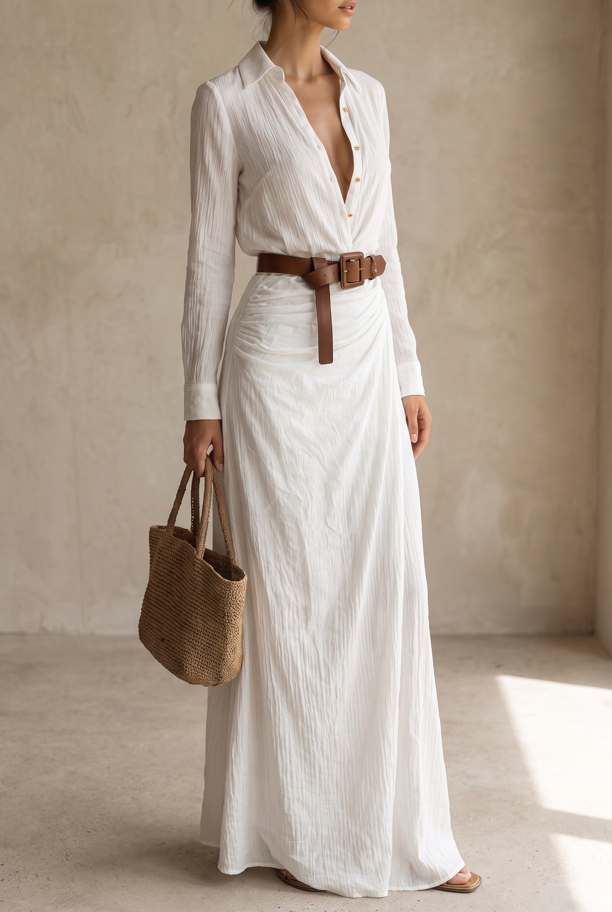 Georgie collared belted maxi shirt dress with draped skirt — side view