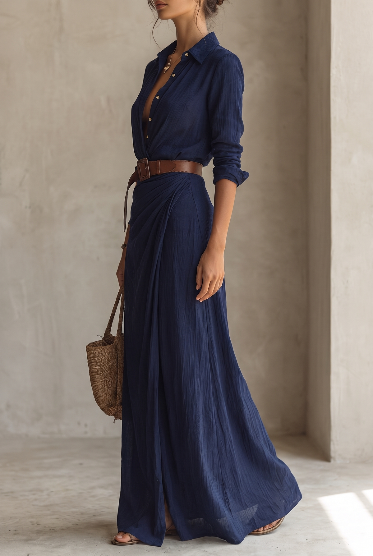Georgie collared belted maxi shirt dress with draped skirt — styled view
