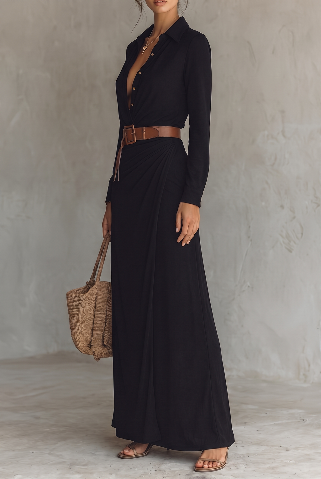 Georgie collared belted maxi shirt dress with draped skirt — back view