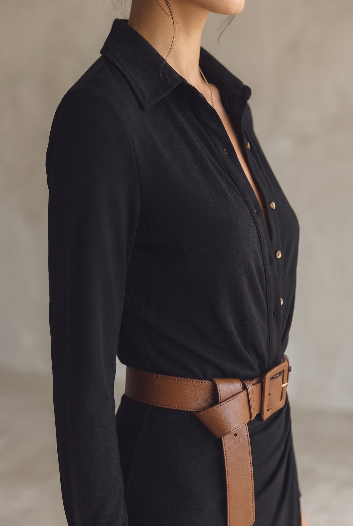 Georgie collared belted maxi shirt dress with draped skirt — detail view