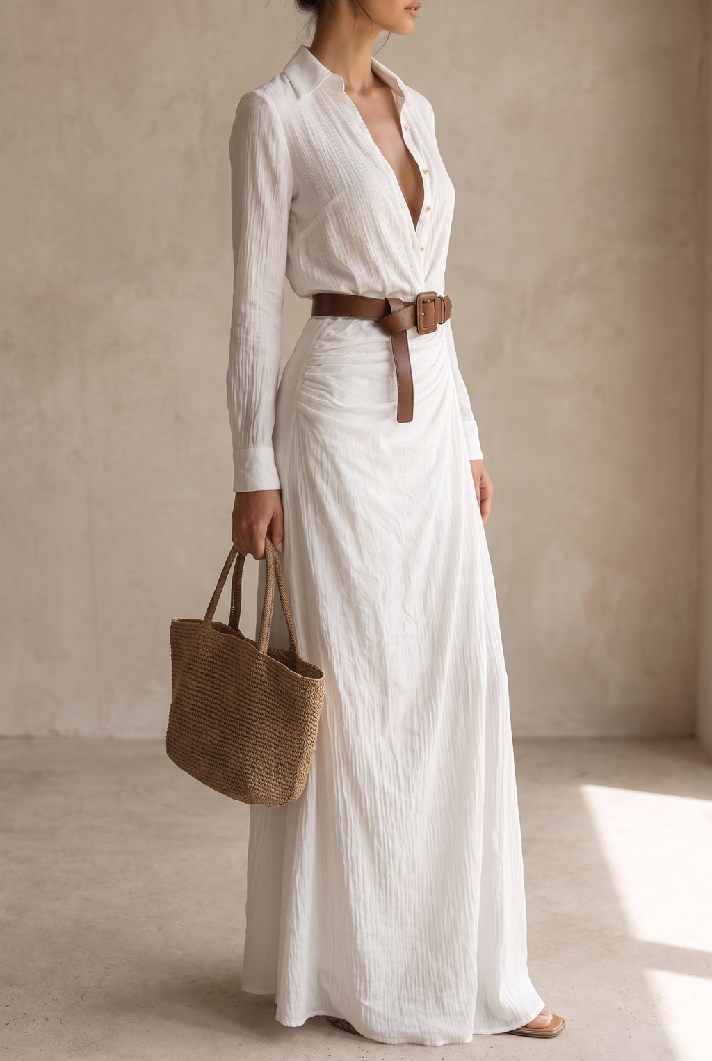 Georgie collared belted maxi shirt dress with draped skirt — detail view