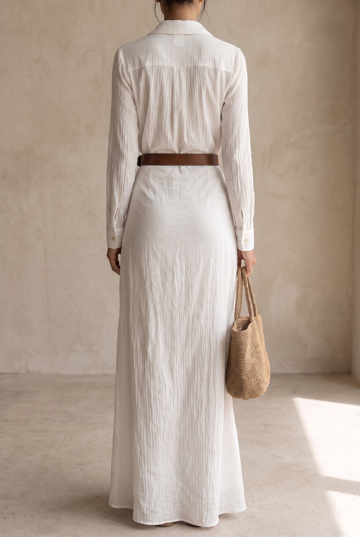 Georgie collared belted maxi shirt dress with draped skirt — styled view