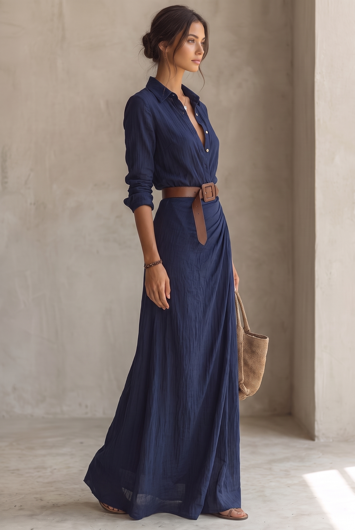 Georgie collared belted maxi shirt dress with draped skirt — full-length view