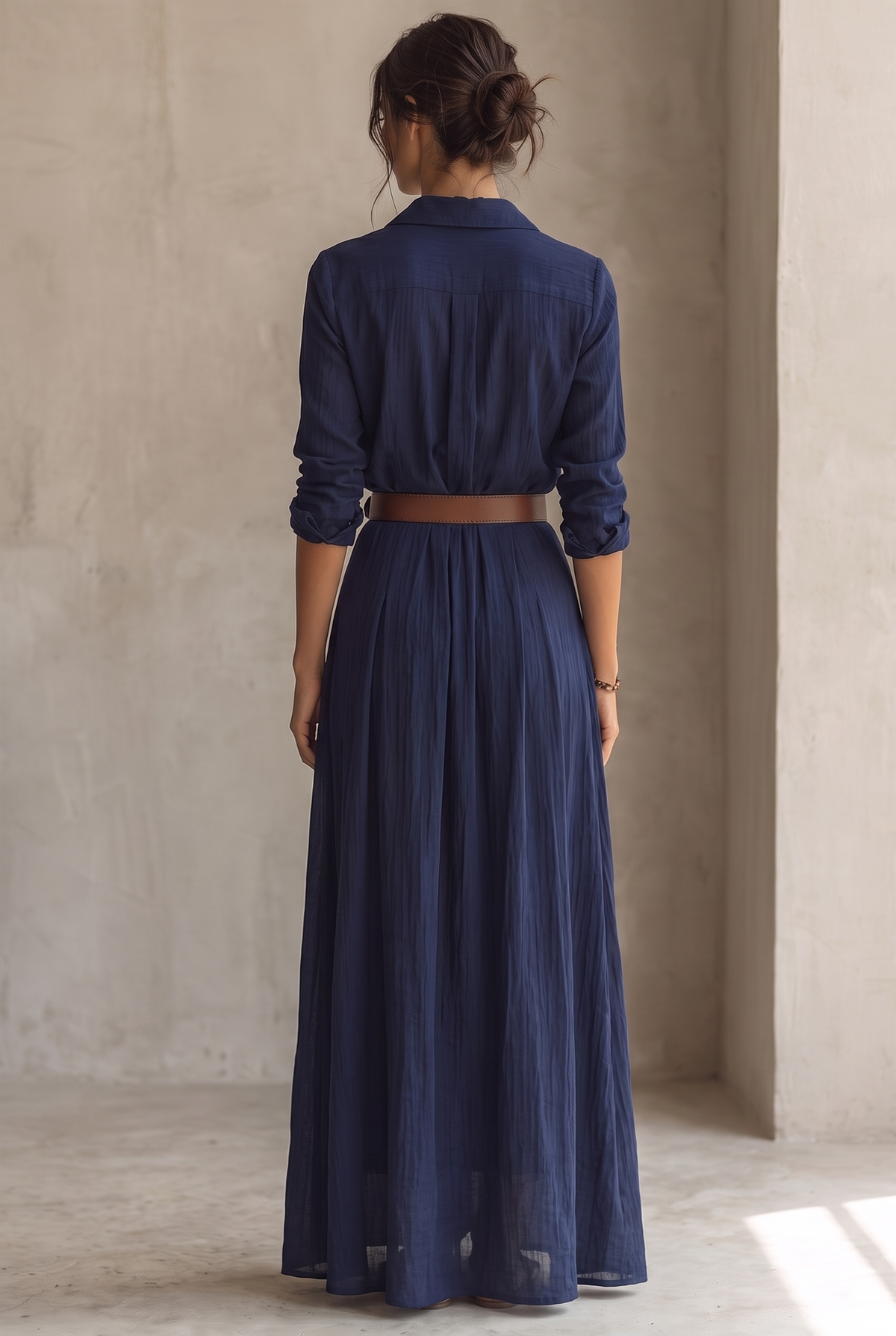 Georgie collared belted maxi shirt dress with draped skirt — front view