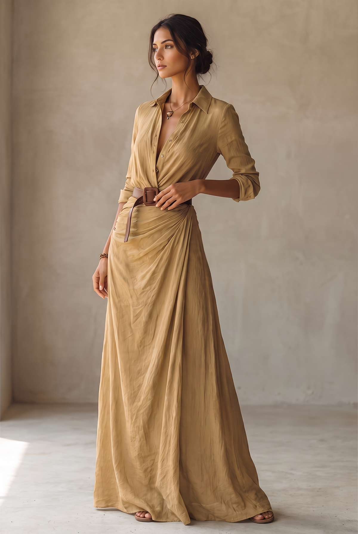 Georgie collared belted maxi shirt dress with draped skirt — back view