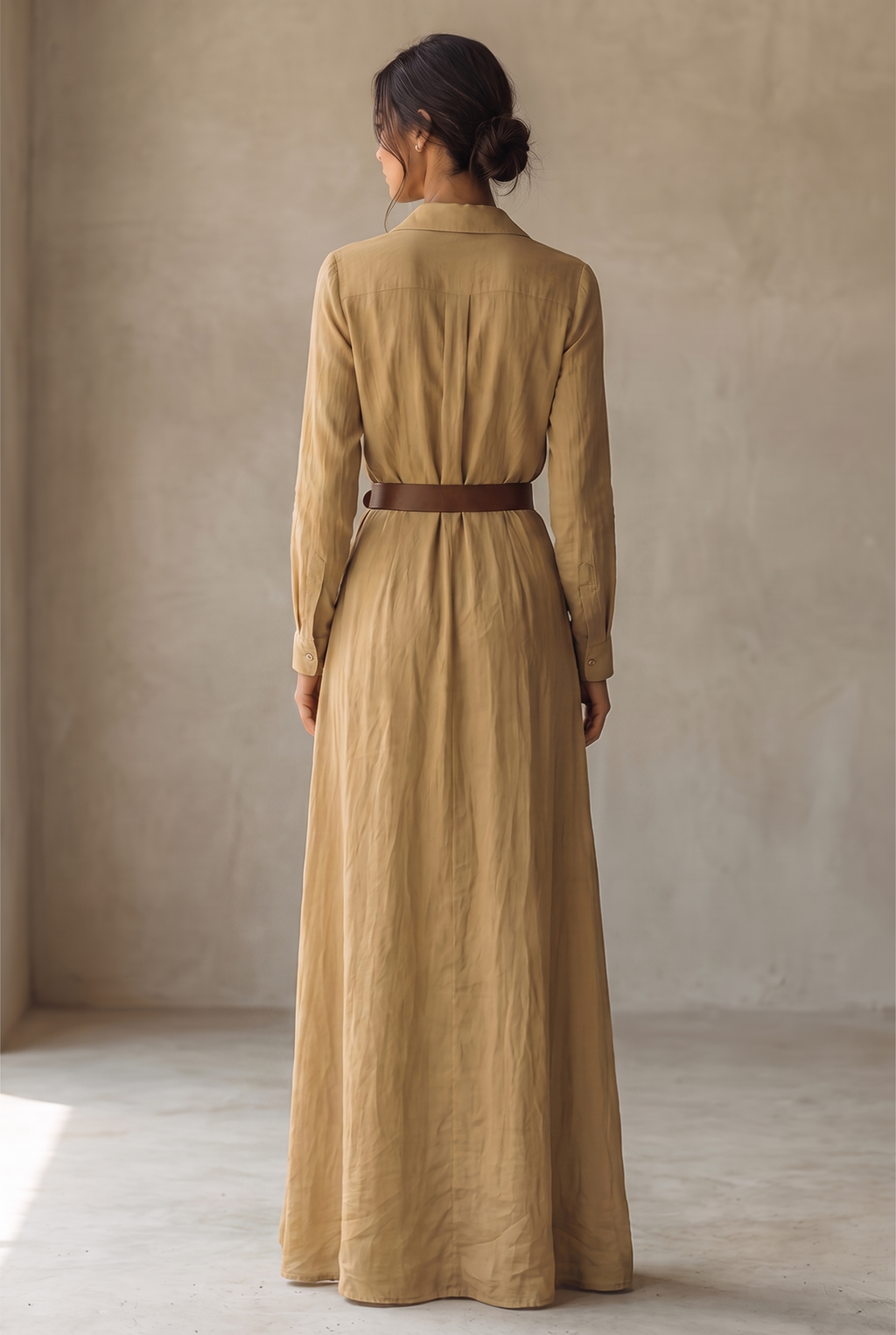 Georgie collared belted maxi shirt dress with draped skirt — side view