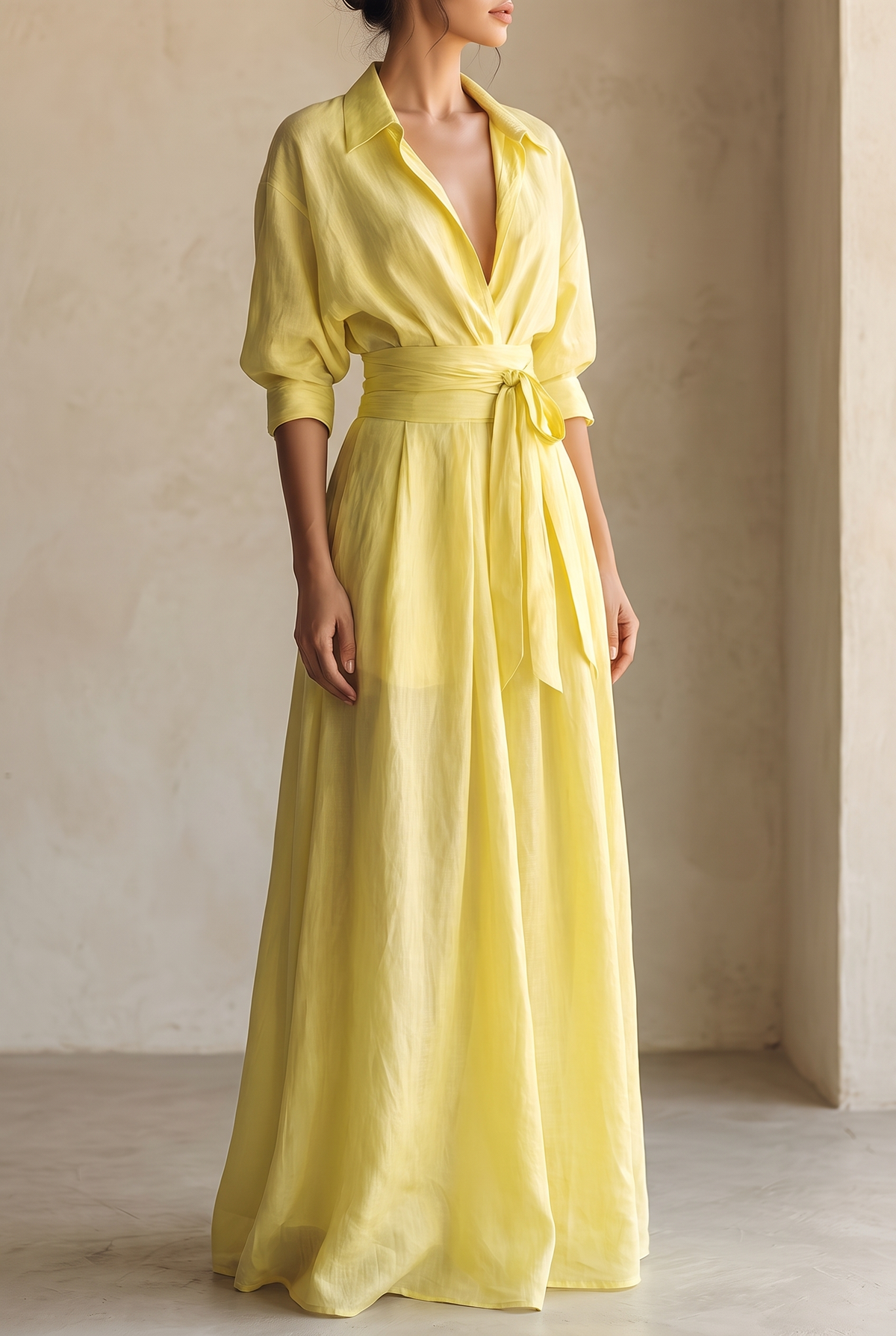 Marina collared sash-tie maxi shirt dress — front view