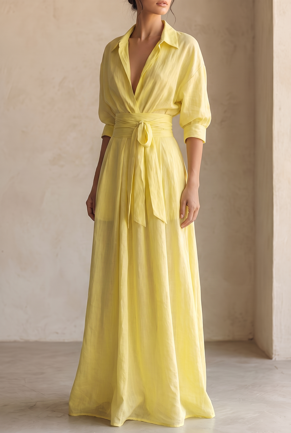 Marina collared sash-tie maxi shirt dress — back view
