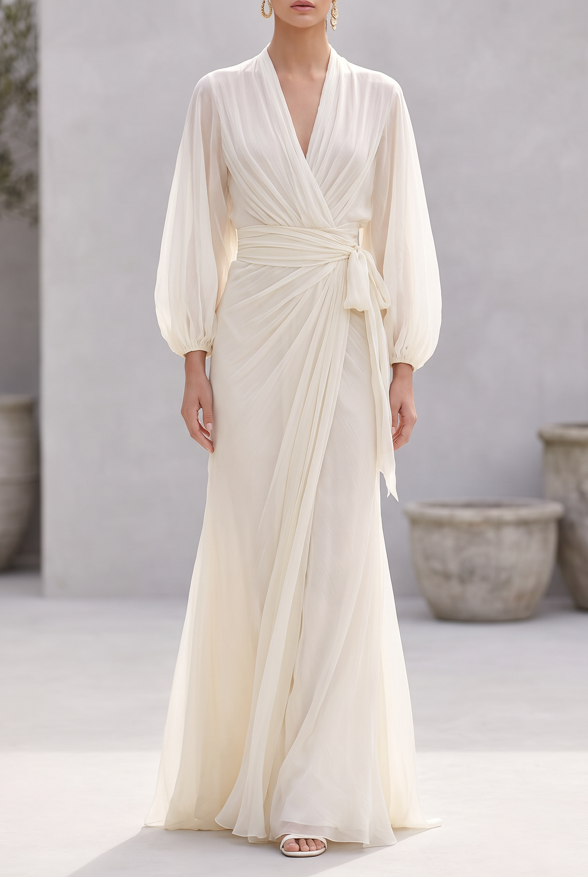 Ophelia sheer wrap maxi dress with balloon sleeves — front view