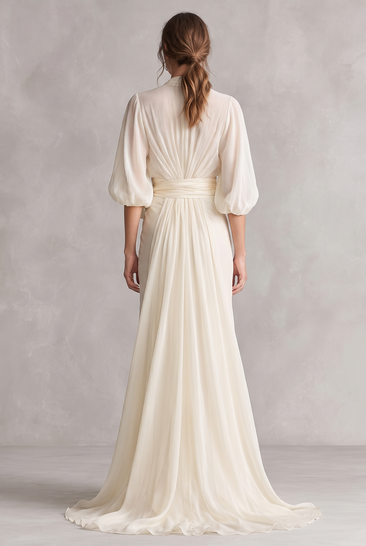 Ophelia sheer wrap maxi dress with balloon sleeves — back view