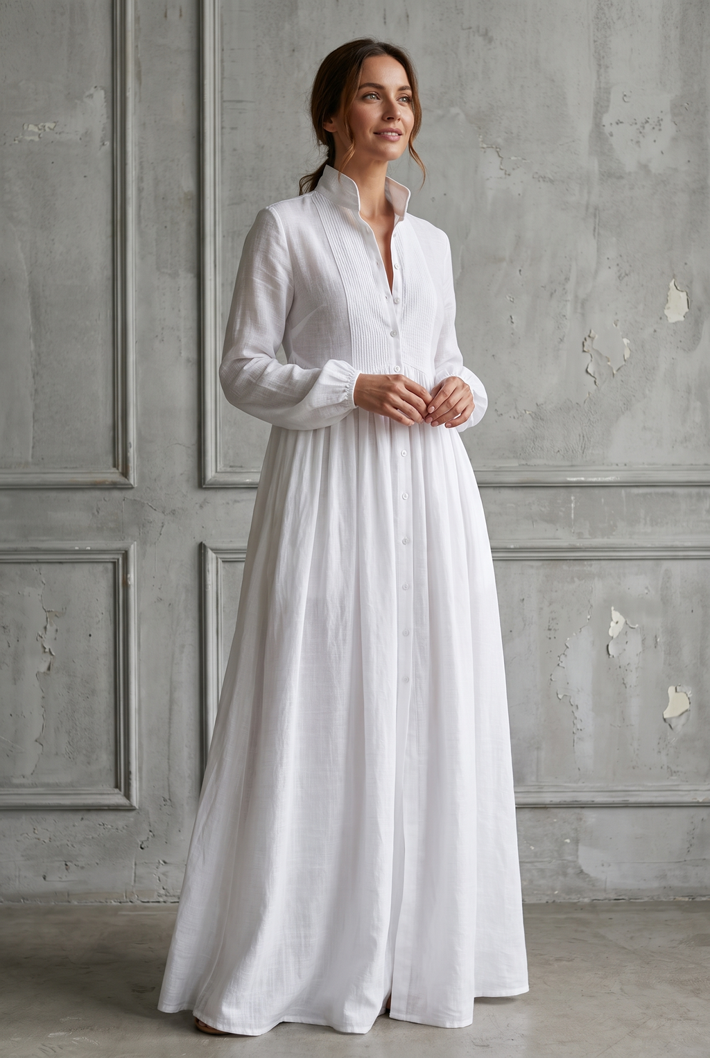 Winnie stand-collar button-front maxi shirt dress — front view