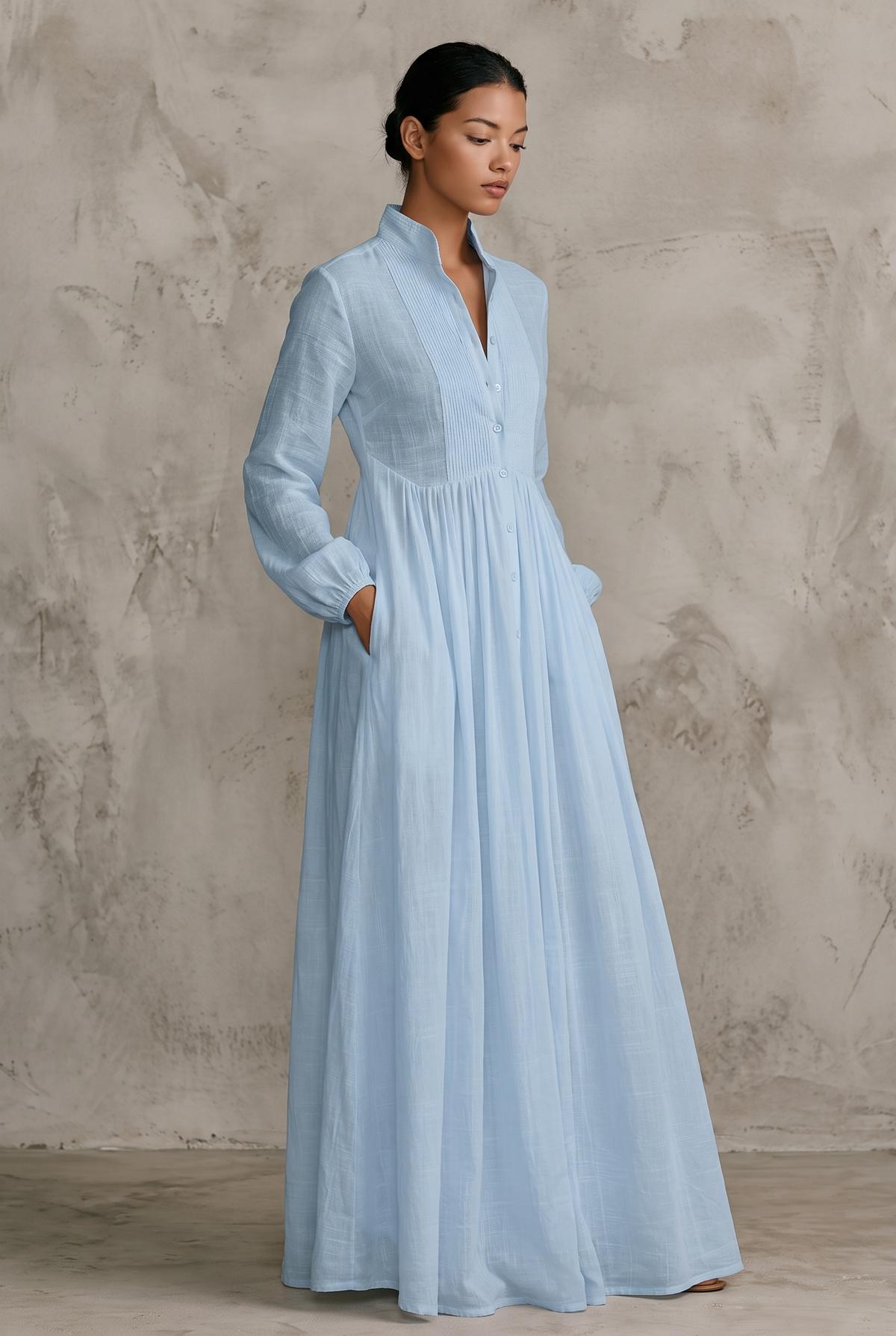 Winnie stand-collar button-front maxi shirt dress — side view