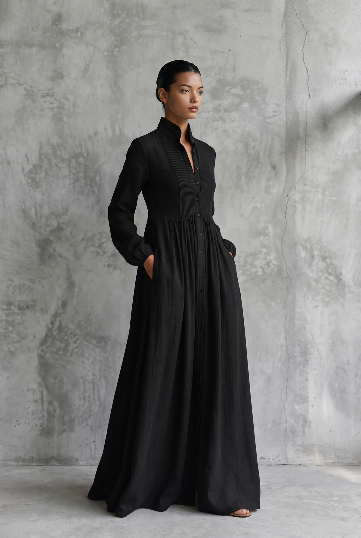Winnie stand-collar button-front maxi shirt dress — detail view