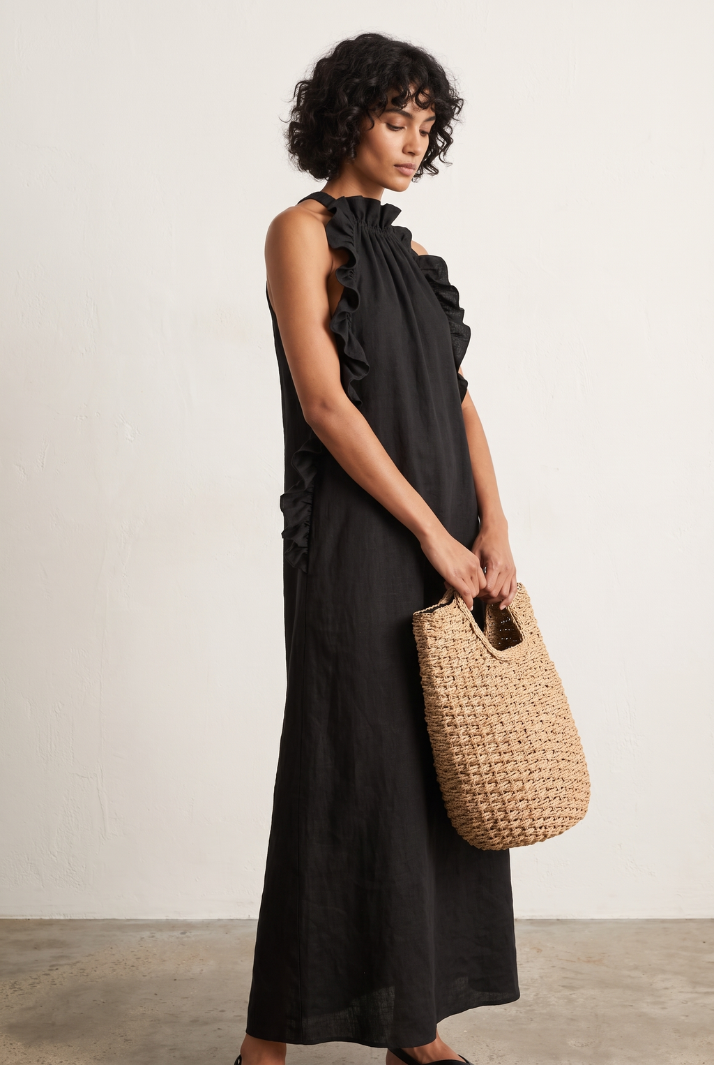Fern high-neck ruffle-front sleeveless maxi dress — front view