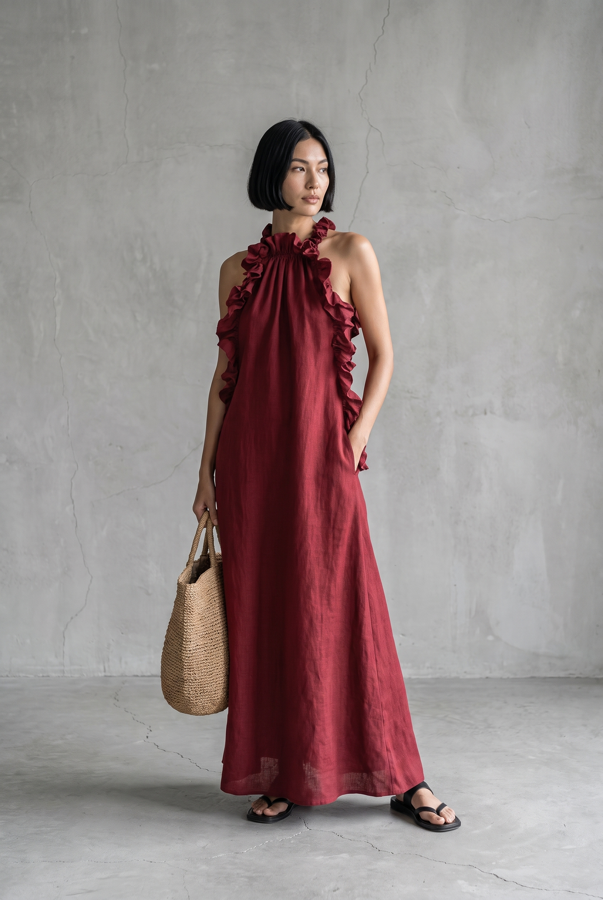 Fern high-neck ruffle-front sleeveless maxi dress — side view