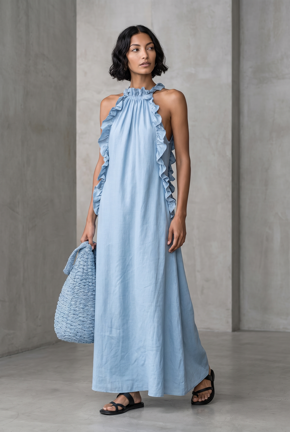 Fern high-neck ruffle-front sleeveless maxi dress — detail view