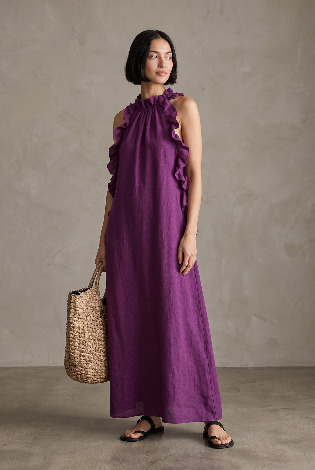 Fern high-neck ruffle-front sleeveless maxi dress — styled view