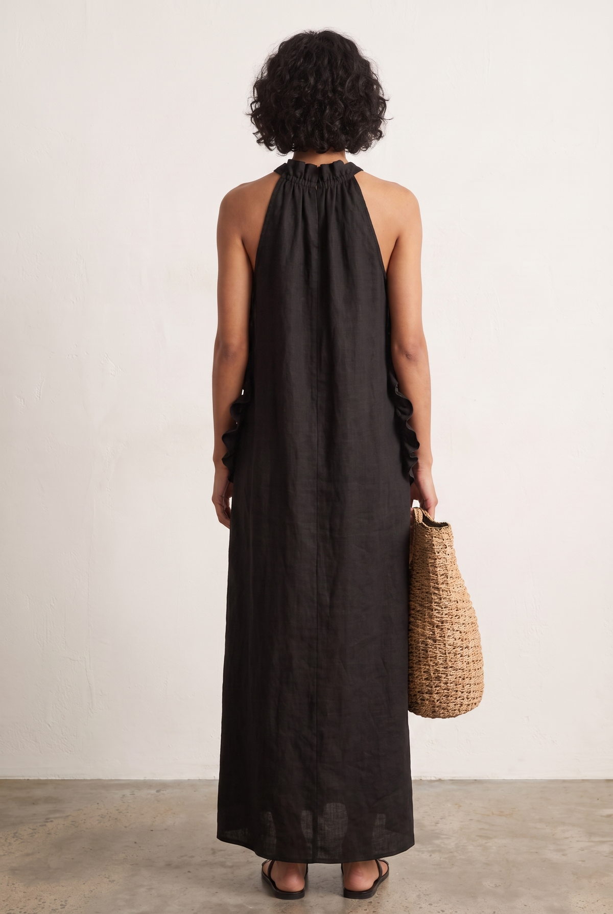 Fern high-neck ruffle-front sleeveless maxi dress — back view