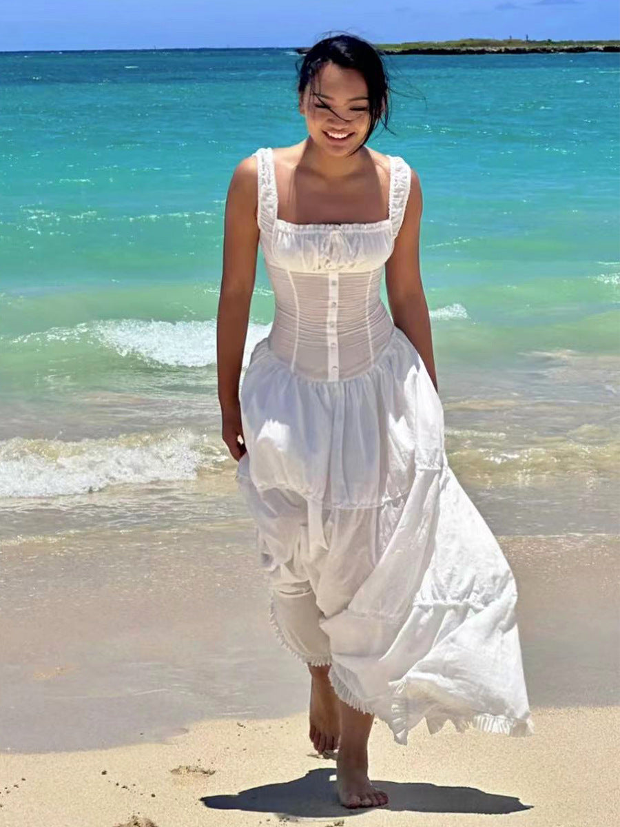 Tiered square neck maxi dress with corset-style button bodice and frilled hem